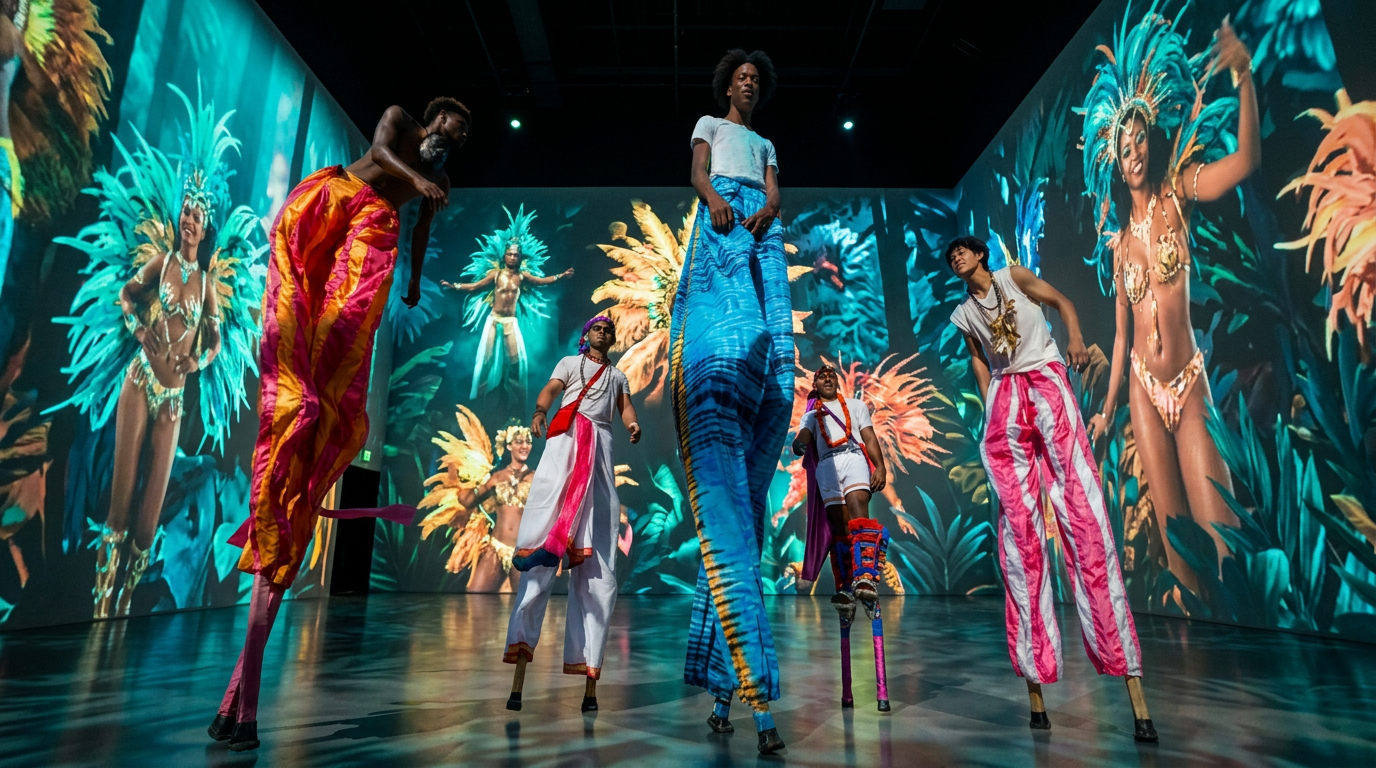 Five moko jumbies shown head to toe inside a wraparound immersive Carnival environment